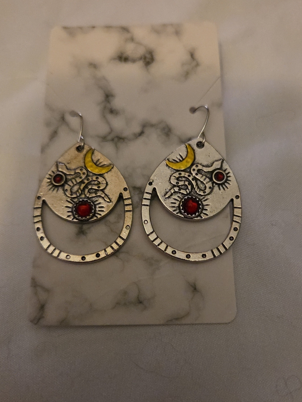 Silver-Tone Teardrop Earrings with Red Stones and Yellow Crescent